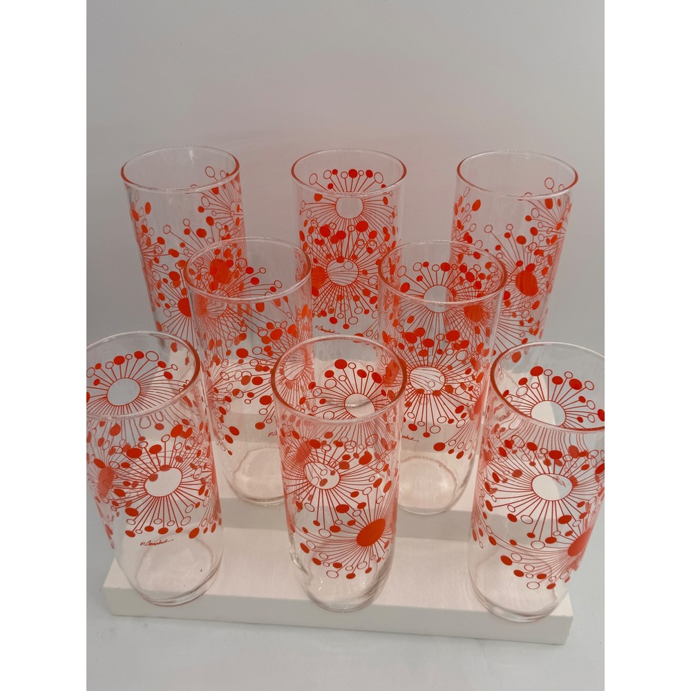 8 Vintage D Campbell Atomic Starburst Orange Glass Tumblers MCM Highball Set - Picture 7 of 8